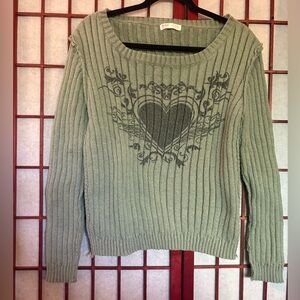 ROMWE Green Ribbed Crew Neck Sweater with Floral Heart